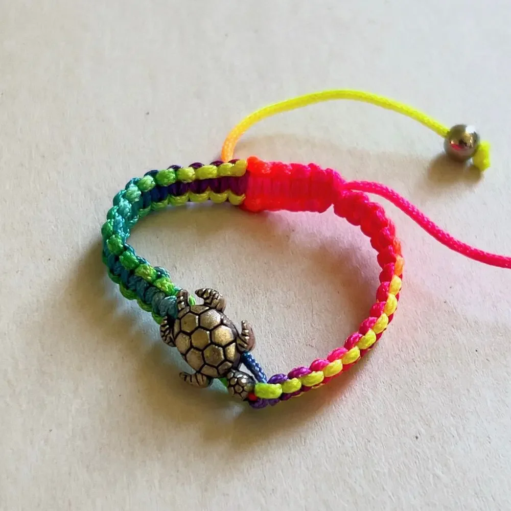 Turtle Neon Rainbow Adjustable Bracelet Silver Tone Charm Children's Handmade